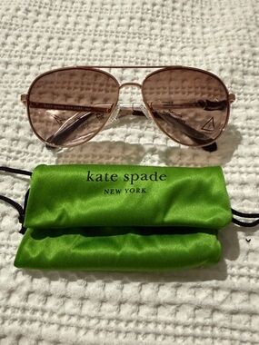 kate spade Rose Gold Frame Brown Lens Aviator Sunglasses with Green Logo Pouch
